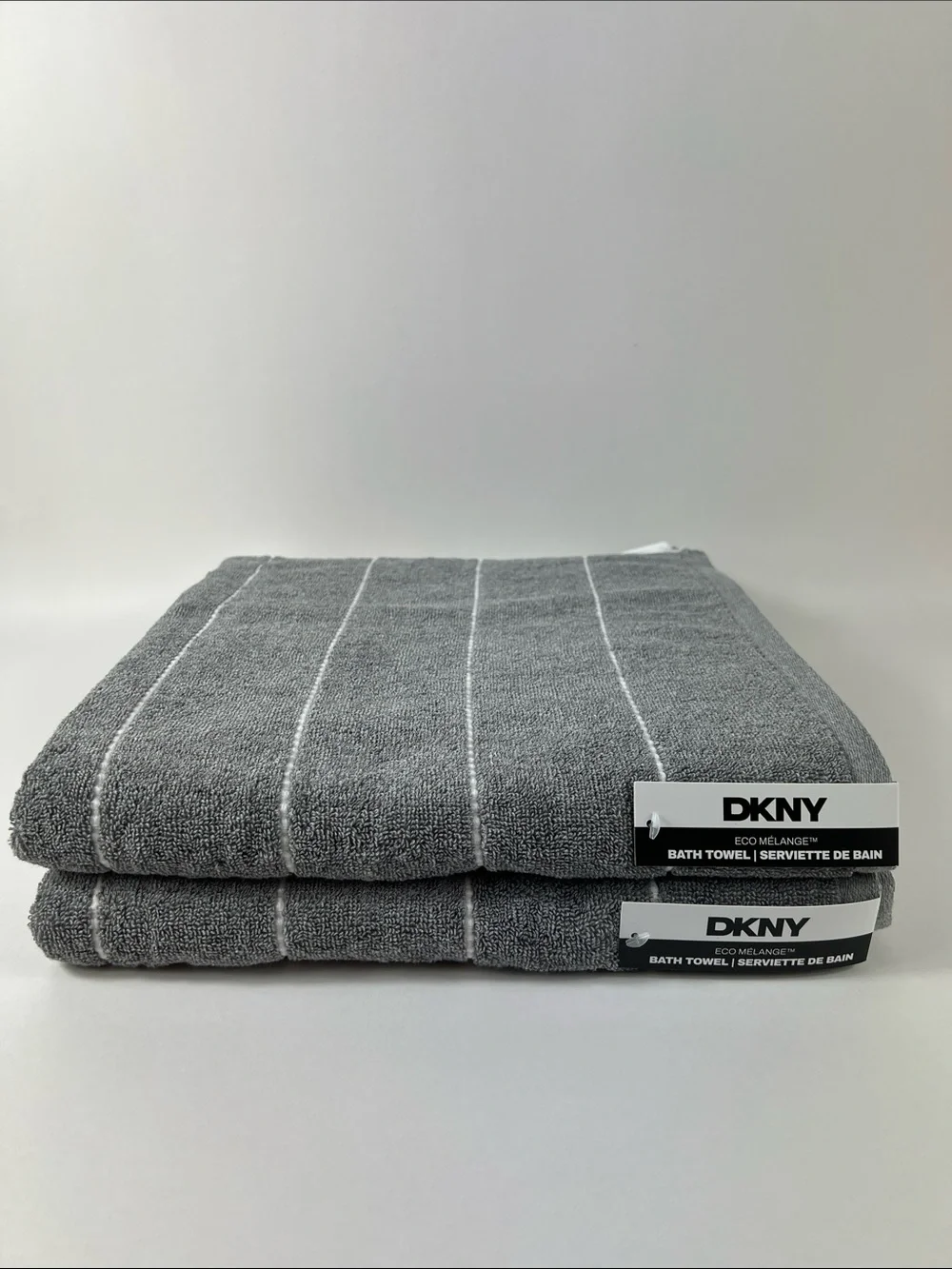 DKNY Eco Melange Bath Towels Medium Gray White Stripe Soft Cotton Set of 2 NEW
